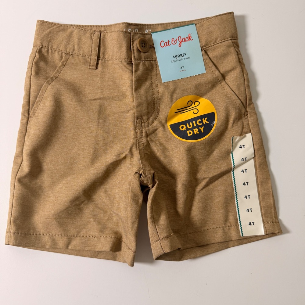 Cat & Jack Boys 4T Khaki Quick Dry Adjustable Waist Chino Shorts Tan NWT